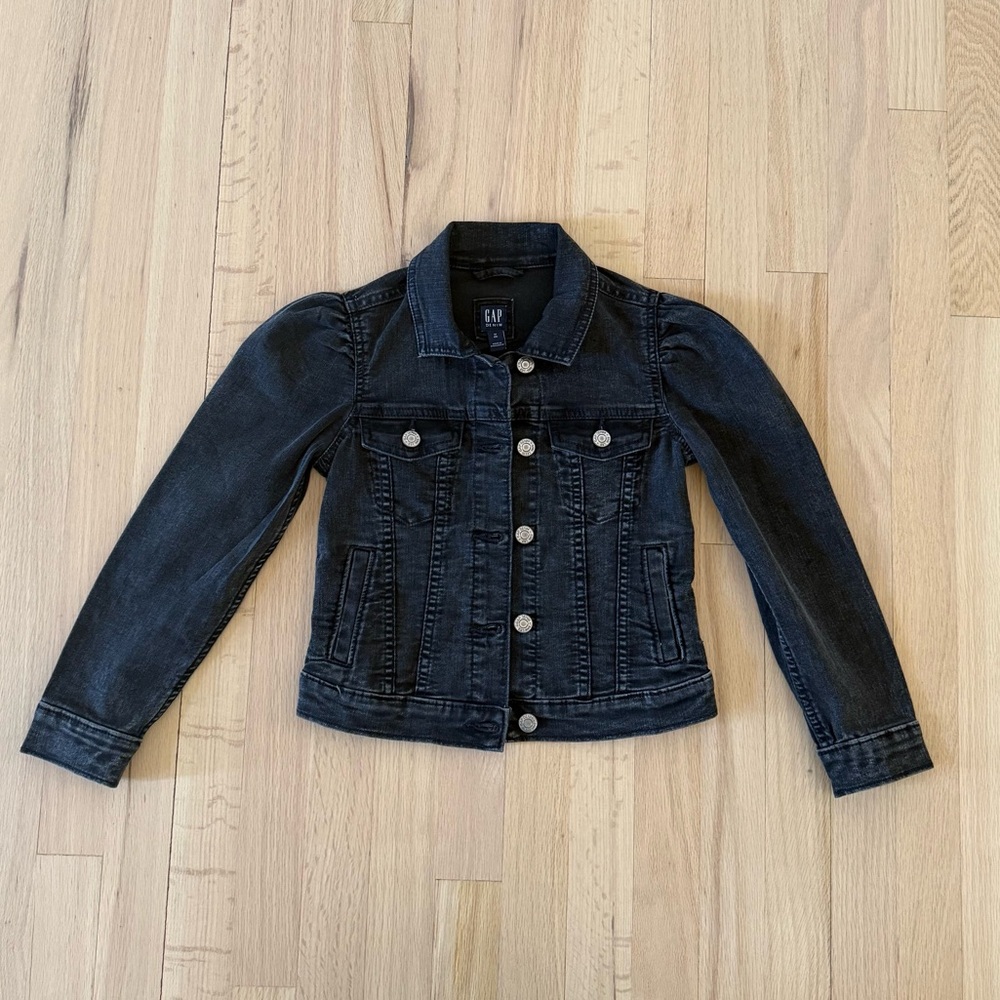 GAP Kids Black Puff Sleeve Icon Denim Jacket, Size Medium (8) - Picture 3 of 7